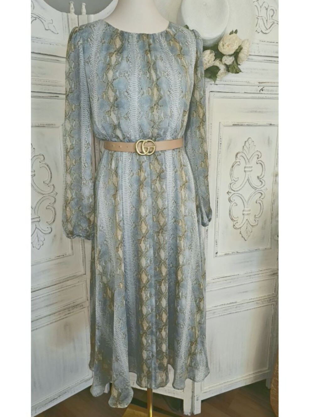Lucy Paris Light Green Snake Print Chiffon Sheer Long Sleeves Midi Flowy Dress